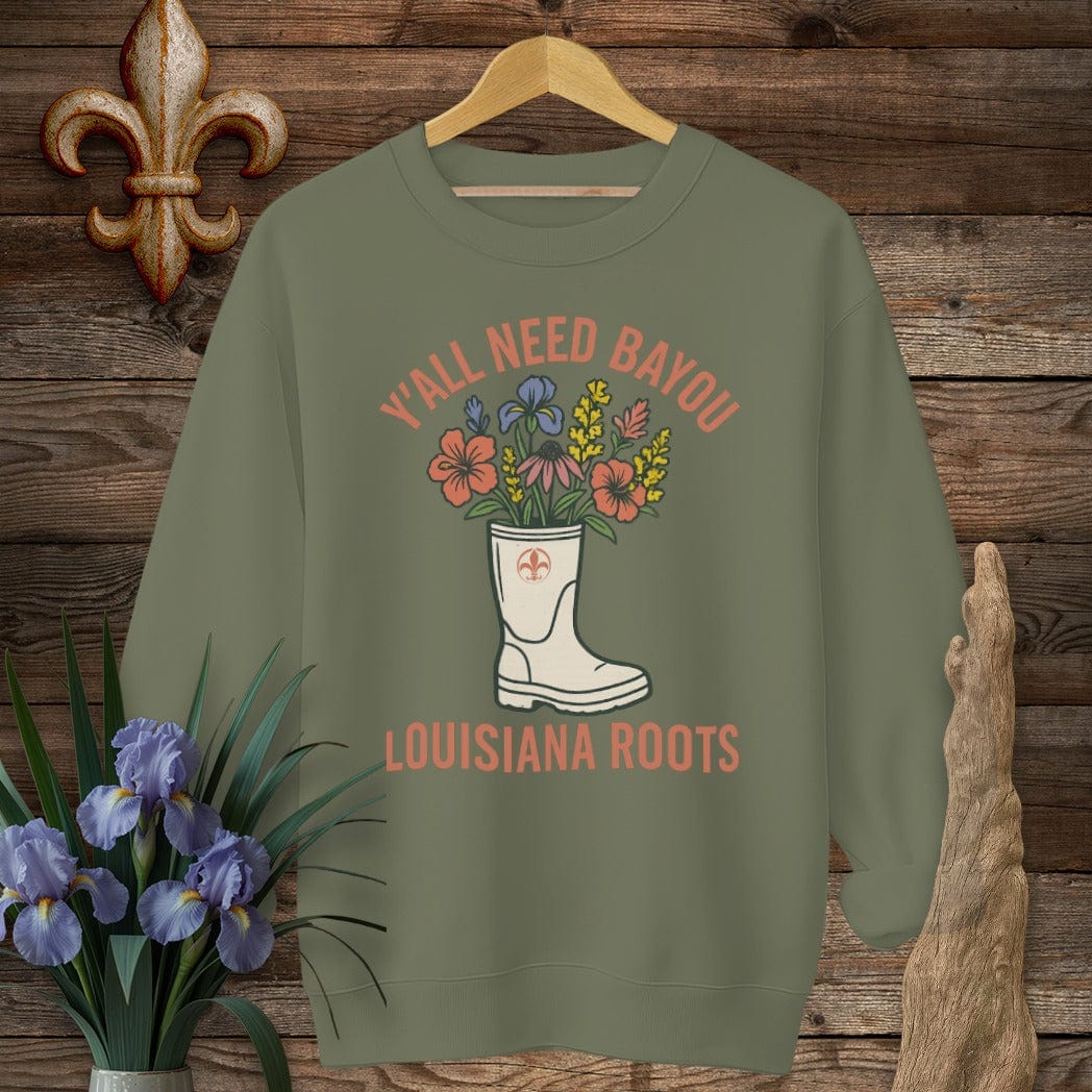 S / Military Green Louisiana Y'all Need Bayou Sweatshirt by Laissez Faire Wear