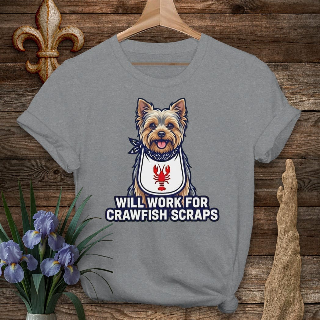 S / Graphite Heather Louisiana Yorkie Crawfish Scraps T-Shirt by Laissez Faire Wear