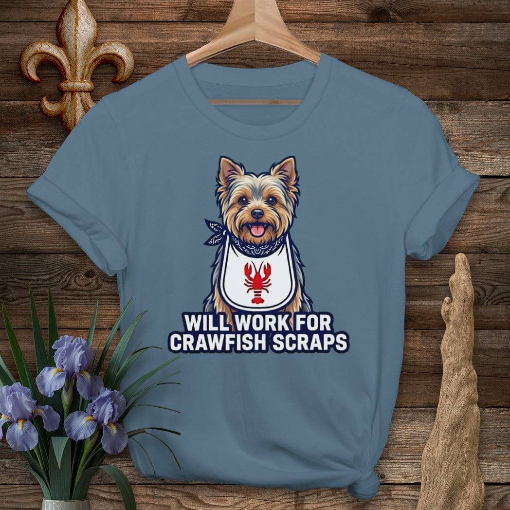 S / Indigo Blue Louisiana Yorkie Crawfish Scraps T-Shirt by Laissez Faire Wear