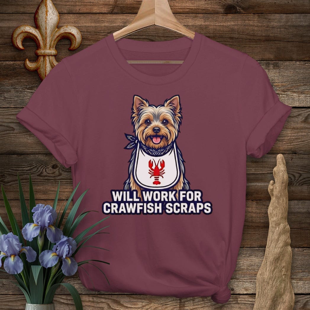 S / Maroon Louisiana Yorkie Crawfish Scraps T-Shirt by Laissez Faire Wear