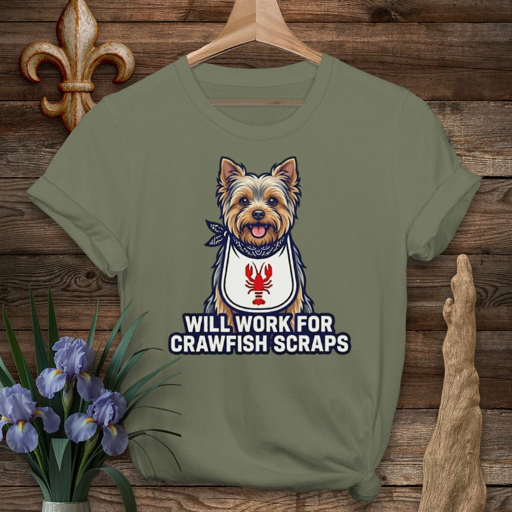 S / Military Green Louisiana Yorkie Crawfish Scraps T-Shirt by Laissez Faire Wear