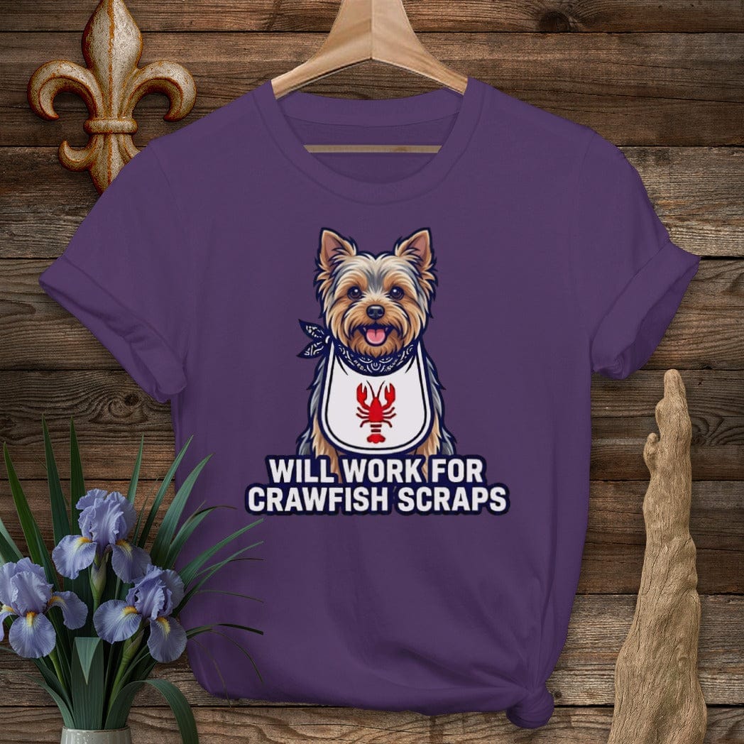 S / Purple Louisiana Yorkie Crawfish Scraps T-Shirt by Laissez Faire Wear