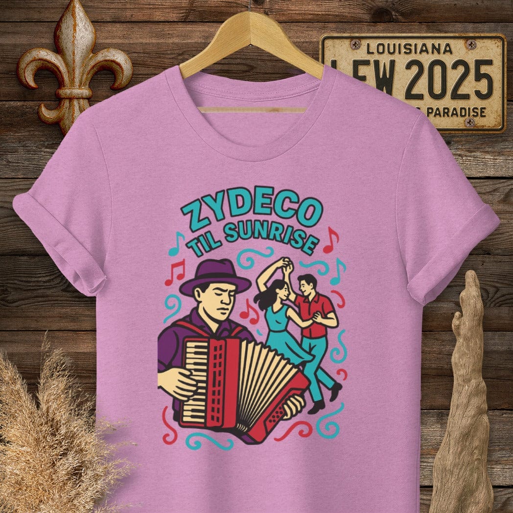 S / Heather Radiant Orchid Louisiana Zydeco Til Sunrise T-Shirt by Laissez Faire Wear